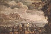 unknow artist A coastal landscape with fishermen drawing in their nets oil painting on canvas